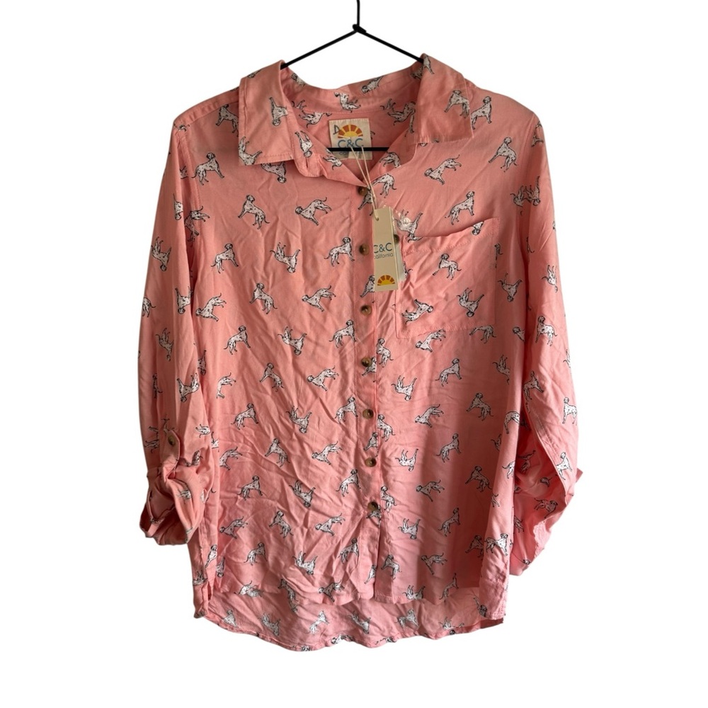 C&C California Dalmatian Dog Print Button Shirt Pink‎ M